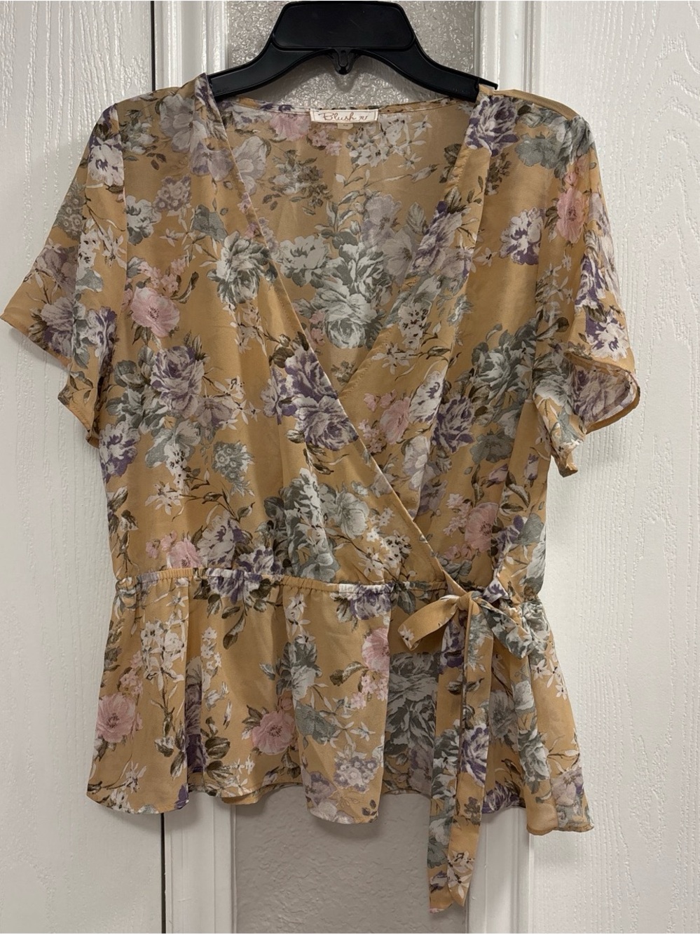 Blush Floral Wrap Peplum Top in Mustard with Pink & Purple Bloom